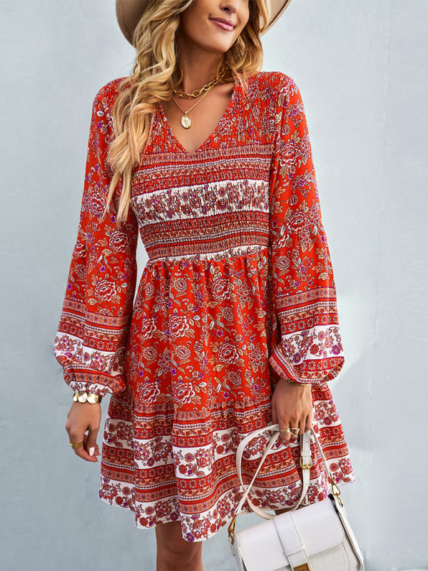 Bohemian Long Sleeve Casual Dress – Woven Polyester, Relaxed Fit