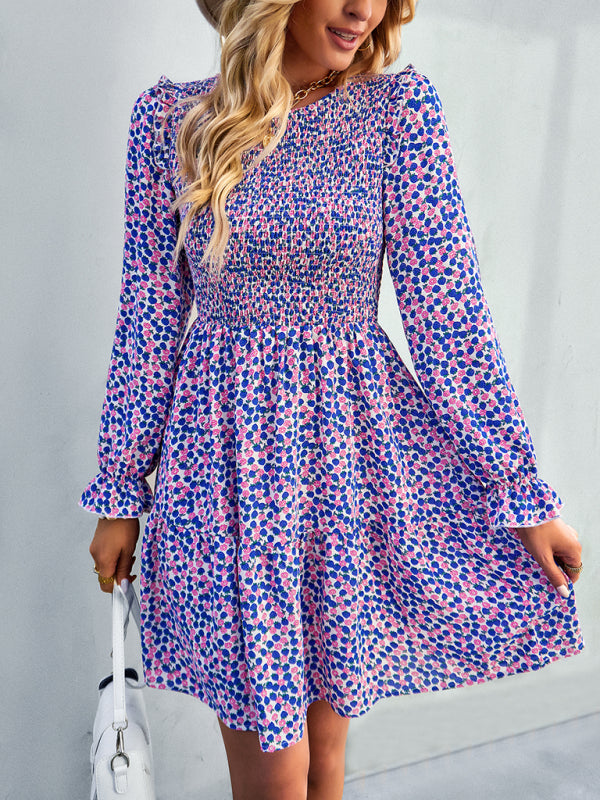 Floral Long Sleeve Midi Dress – Round Neck, Autumn-Winter Style