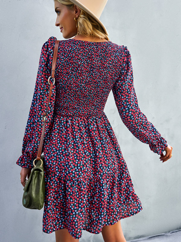 Floral Long Sleeve Midi Dress – Round Neck, Autumn-Winter Style