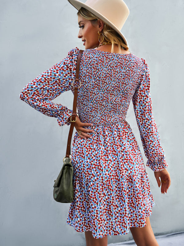 Floral Long Sleeve Midi Dress – Round Neck, Autumn-Winter Style