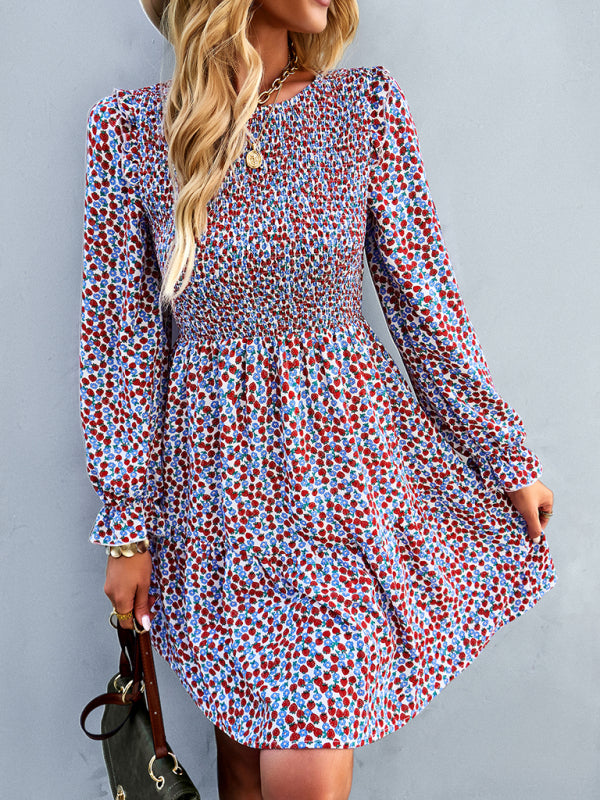 Floral Long Sleeve Midi Dress – Round Neck, Autumn-Winter Style