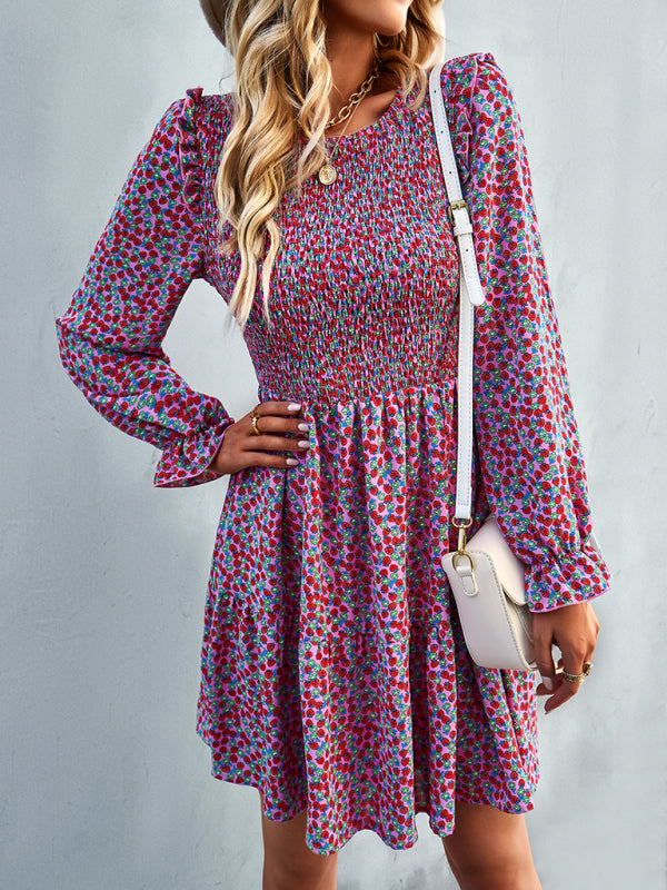 Floral Long Sleeve Midi Dress – Round Neck, Autumn-Winter Style
