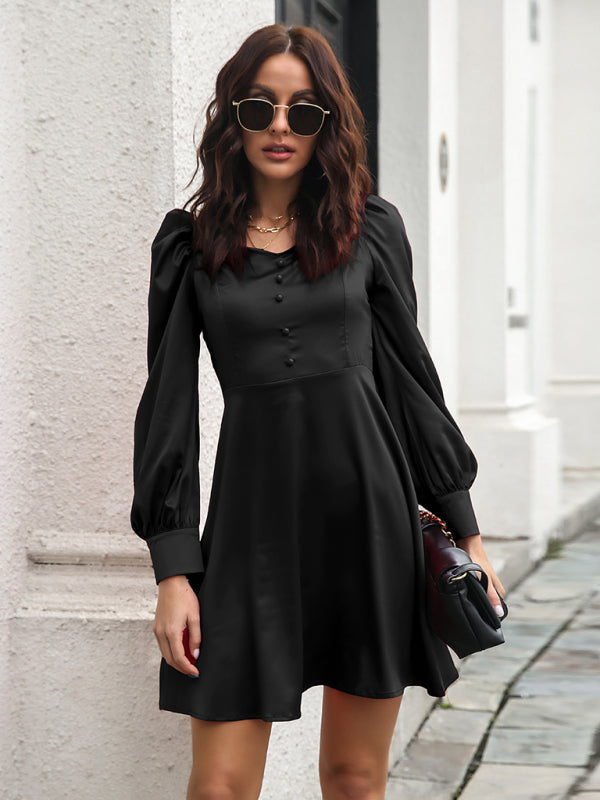 Women's color satin love collar bubble sleeve French Long Sleeve Dress