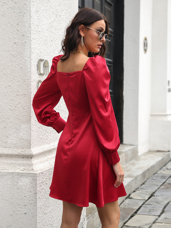 Women's color satin love collar bubble sleeve French Long Sleeve Dress