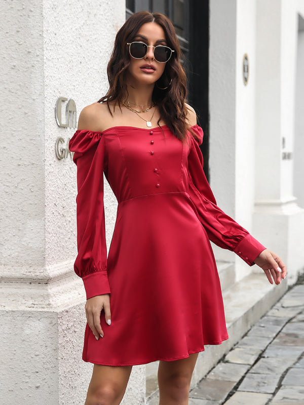 Women's color satin love collar bubble sleeve French Long Sleeve Dress