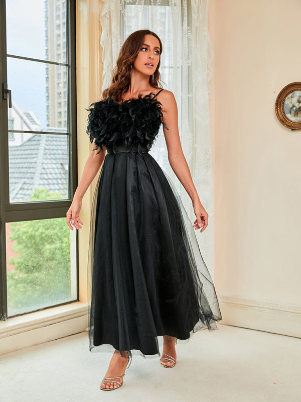 Feather Mesh High-Low Evening Dress