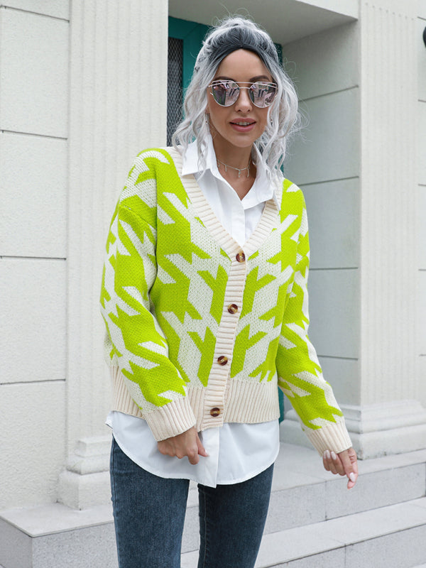 Women's Houndstooth Knit Cardigan Sweater