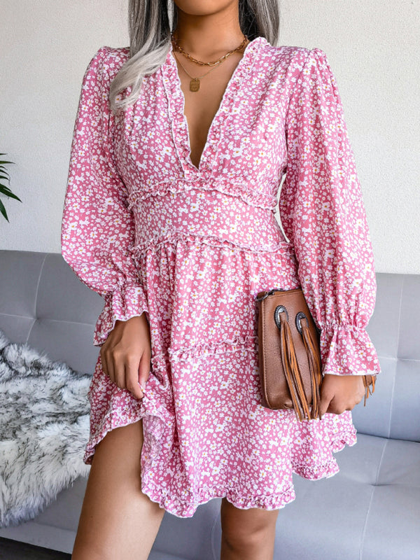 Women's V-neck flower wood ear Long Sleeve Chiffon Dress