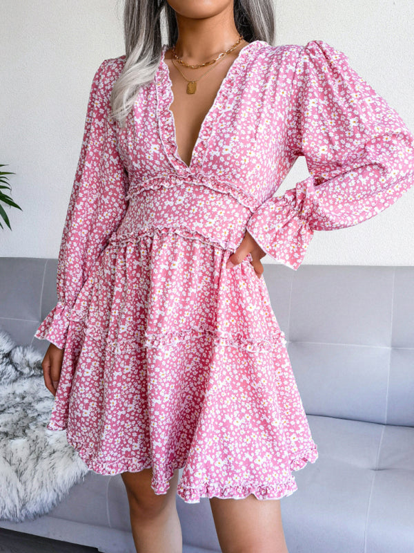 Women's V-neck flower wood ear Long Sleeve Chiffon Dress