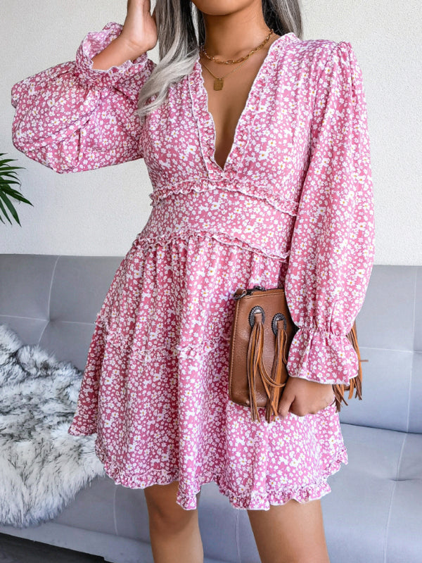 Women's V-neck flower wood ear Long Sleeve Chiffon Dress