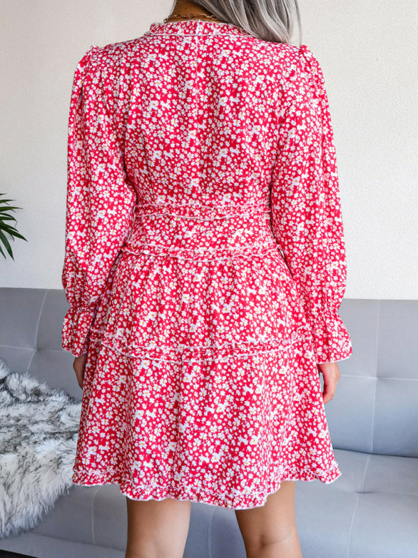 Women's V-neck flower wood ear Long Sleeve Chiffon Dress
