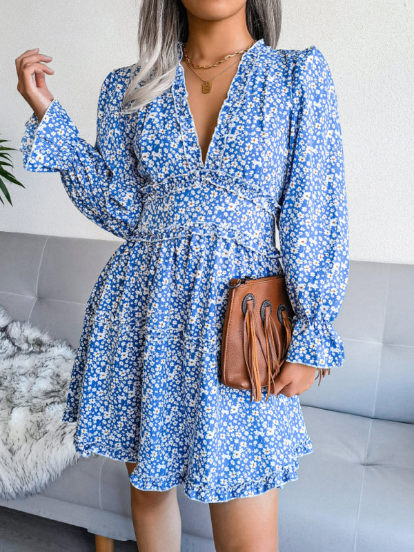 Women's V-neck flower wood ear Long Sleeve Chiffon Dress