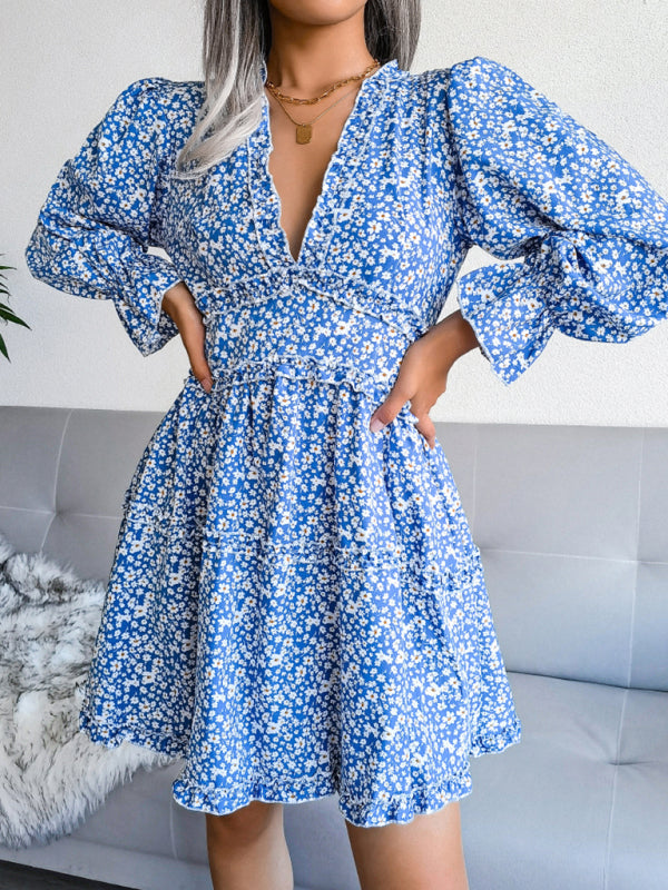 Women's V-neck flower wood ear Long Sleeve Chiffon Dress