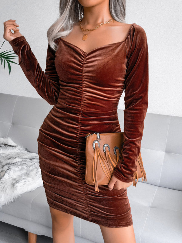 Women's square neck velvet buttock wrap dress