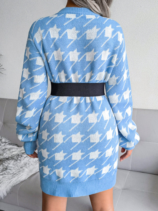 Women's leisure Lantern Sleeve thousand bird lattice knitted wool dress