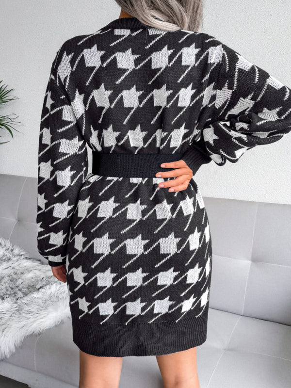 Women's leisure Lantern Sleeve thousand bird lattice knitted wool dress