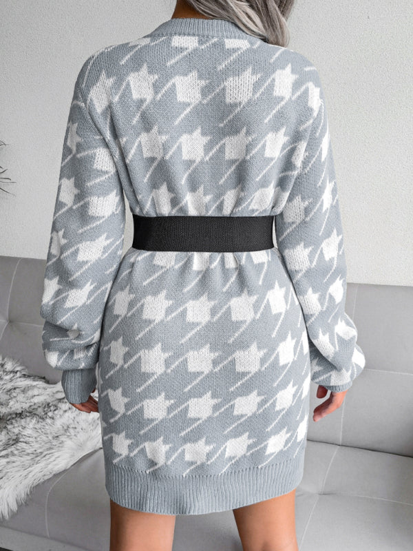 Women's leisure Lantern Sleeve thousand bird lattice knitted wool dress