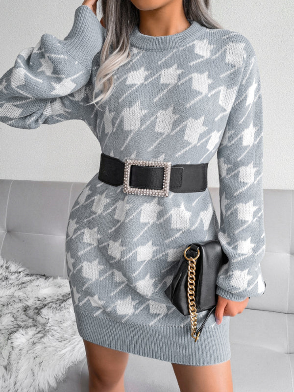 Women's leisure Lantern Sleeve thousand bird lattice knitted wool dress