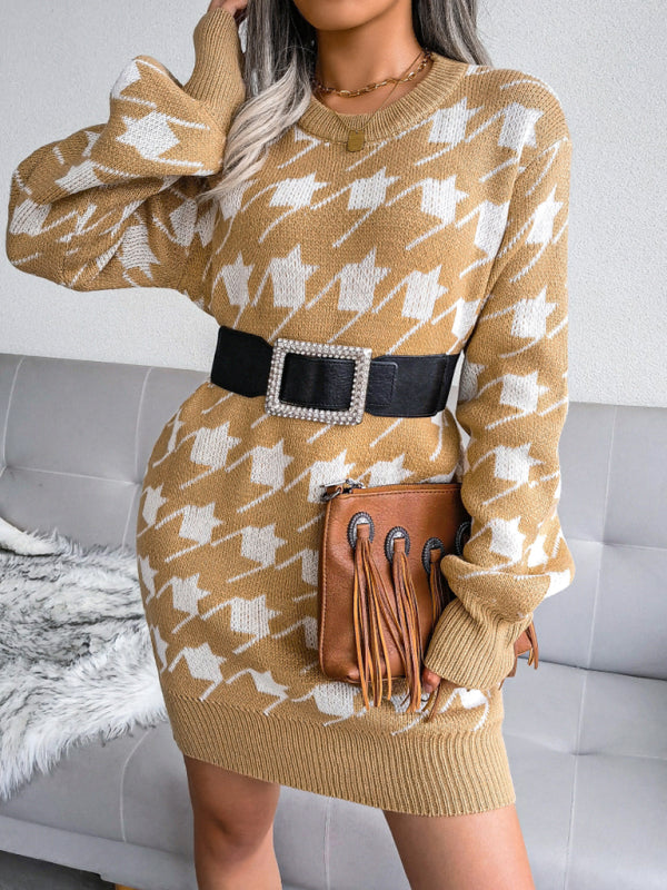Women's leisure Lantern Sleeve thousand bird lattice knitted wool dress
