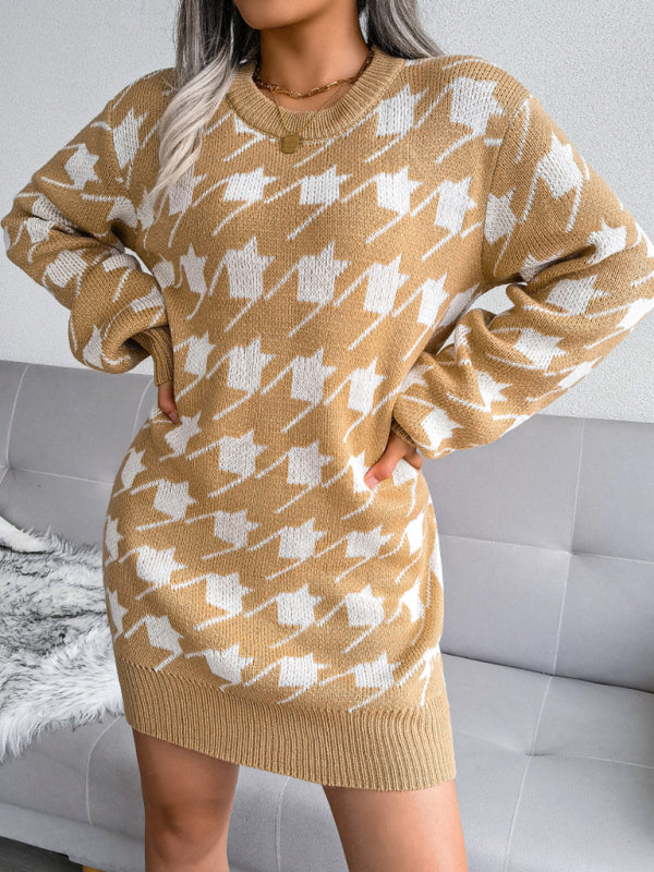 Women's leisure Lantern Sleeve thousand bird lattice knitted wool dress