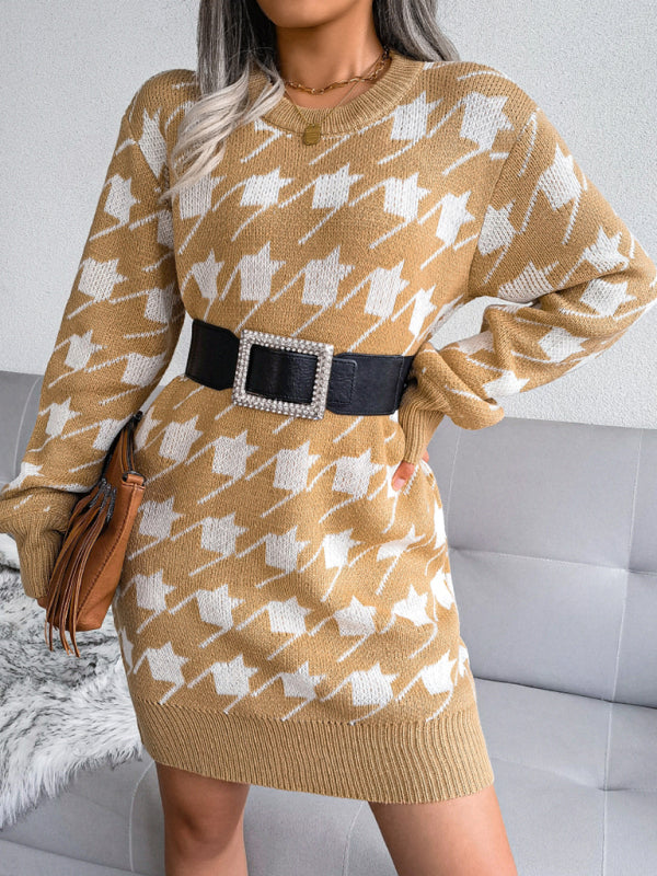 Women's leisure Lantern Sleeve thousand bird lattice knitted wool dress