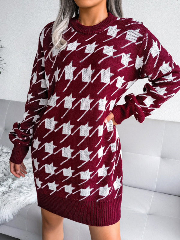 Women's leisure Lantern Sleeve thousand bird lattice knitted wool dress