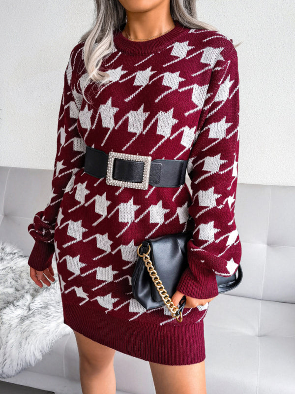 Women's leisure Lantern Sleeve thousand bird lattice knitted wool dress