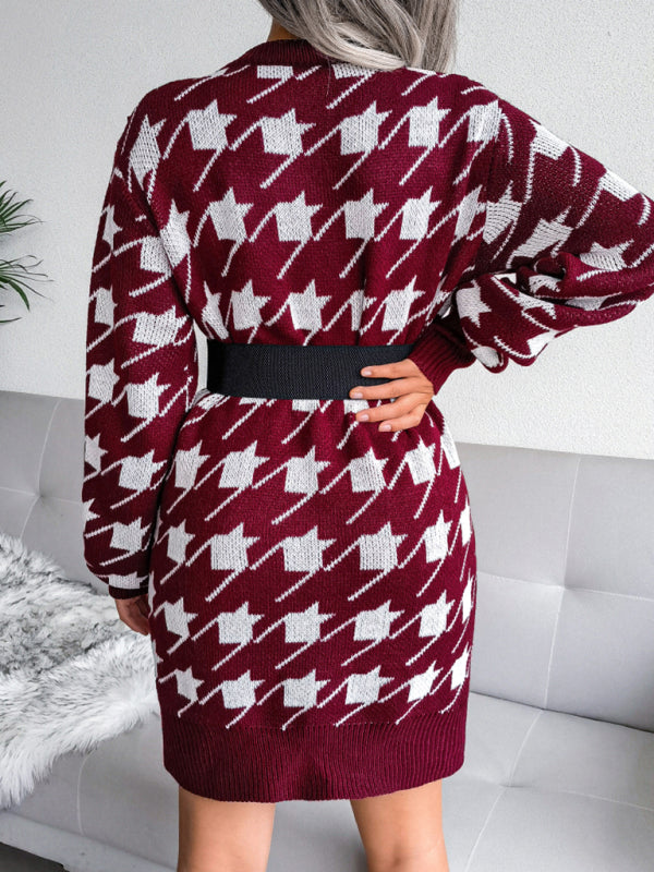 Women's leisure Lantern Sleeve thousand bird lattice knitted wool dress