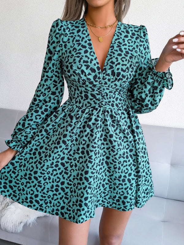 Women's Sexy Leopard Print waist Pleated Dress