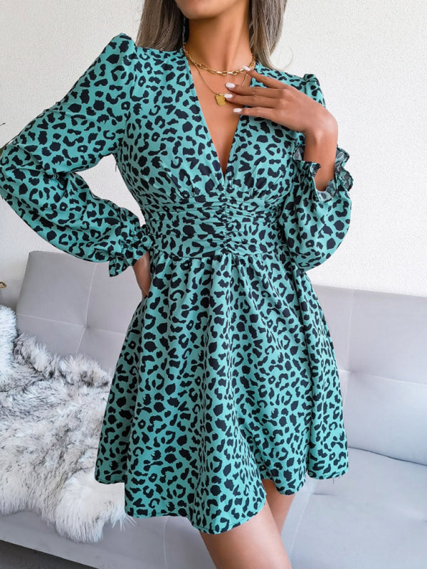 Women's Sexy Leopard Print waist Pleated Dress