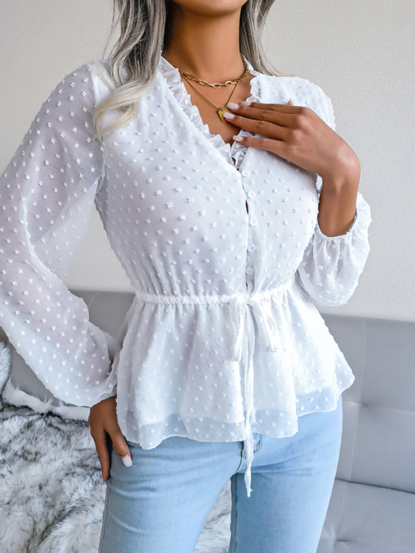 Women's Ruffle Chiffon Blouse with Lace-Up Waist