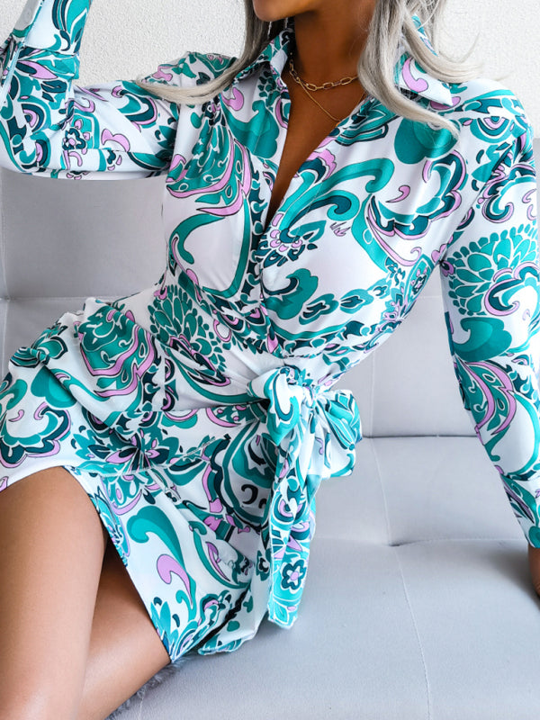 Printed Shirt Dress with Tie Waist – Long Sleeve Casual Midi Dress