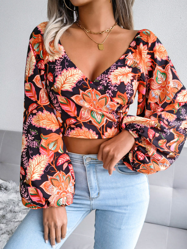 Women's V-Neck Floral Chiffon Shirt with Lantern Long Sleeves
