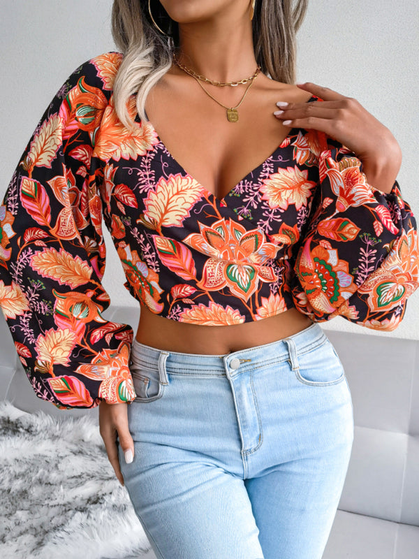 Women's V-Neck Floral Chiffon Shirt with Lantern Long Sleeves