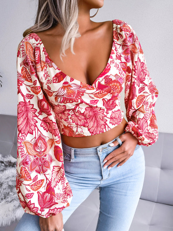 Women's V-Neck Floral Chiffon Shirt with Lantern Long Sleeves