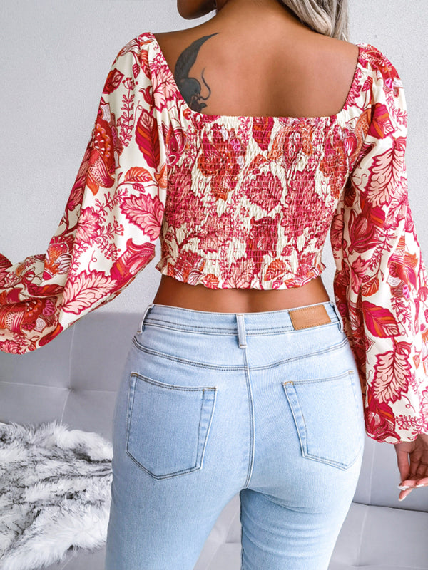 Women's V-Neck Floral Chiffon Shirt with Lantern Long Sleeves