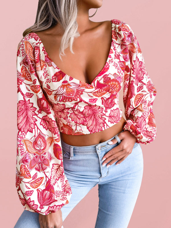 Women's V-Neck Floral Chiffon Shirt with Lantern Long Sleeves