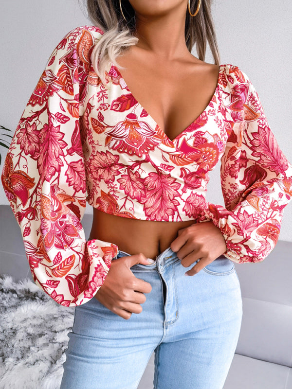 Women's V-Neck Floral Chiffon Shirt with Lantern Long Sleeves