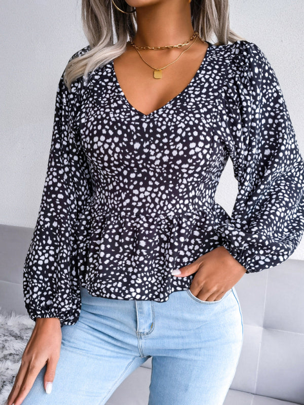 Women's Leopard Print Chiffon Lantern Sleeve Blouse