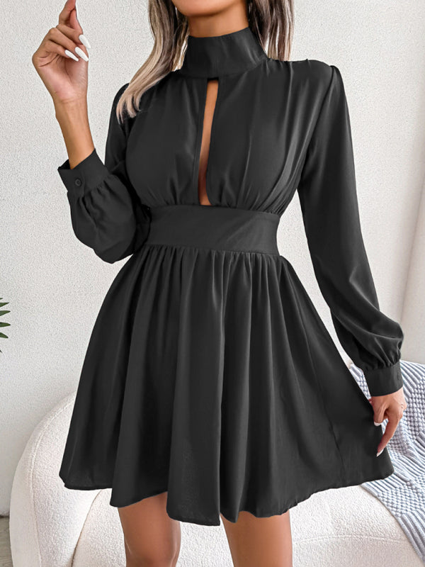 Hollow Waist Swing Dress for Women – Long Sleeve, Elegant & Flowy Fit