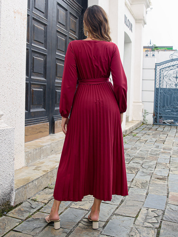 Women's Pleated Midi Dress with Cross V-Neck – Long Sleeve, Solid Color
