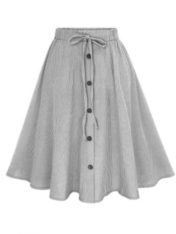 Striped Button-Up Midi Skirt with Elastic Waist
