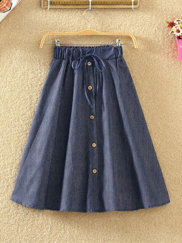 Striped Button-Front Denim A-Line Skirt