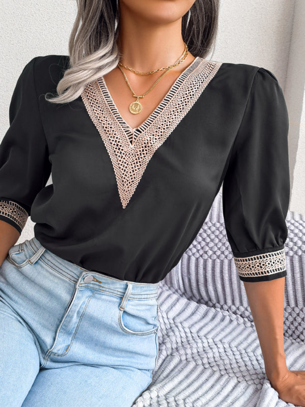 Women's Lace V-Neck Chiffon Blouse
