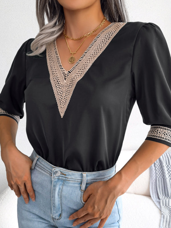 Women's Lace V-Neck Chiffon Blouse