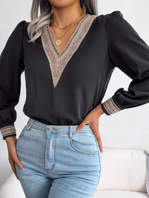 Women's Lace V-Neck Chiffon Blouse - Long Sleeve