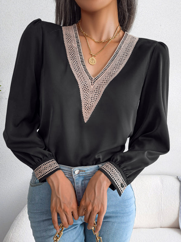 Women's Lace V-Neck Chiffon Blouse - Long Sleeve