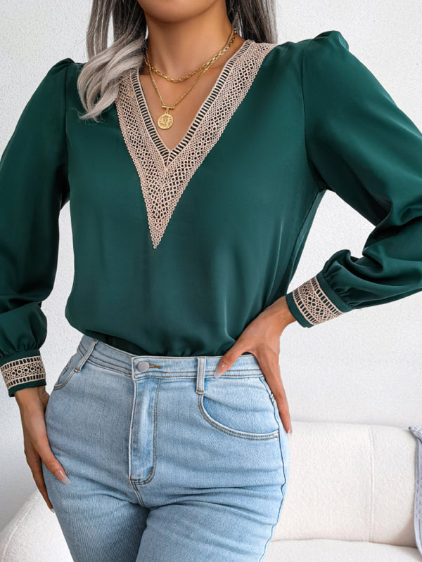 Women's Lace V-Neck Chiffon Blouse - Long Sleeve