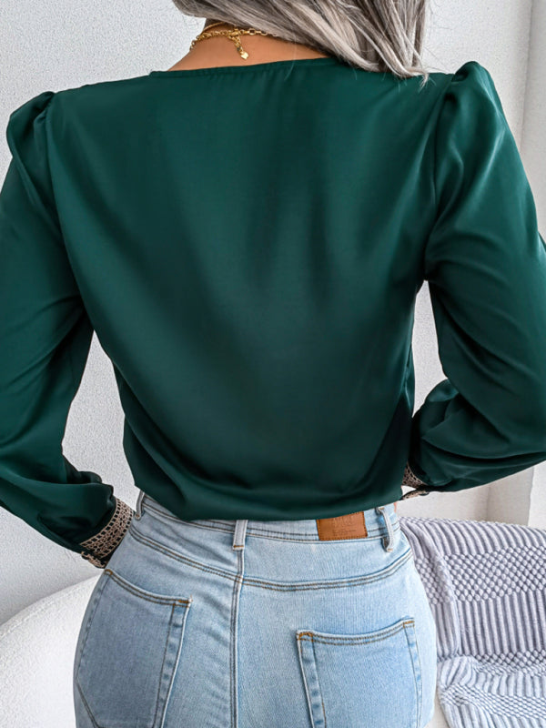 Women's Lace V-Neck Chiffon Blouse - Long Sleeve