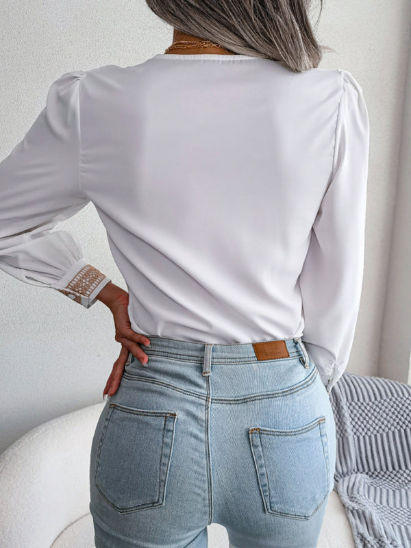 Women's Lace V-Neck Chiffon Blouse - Long Sleeve